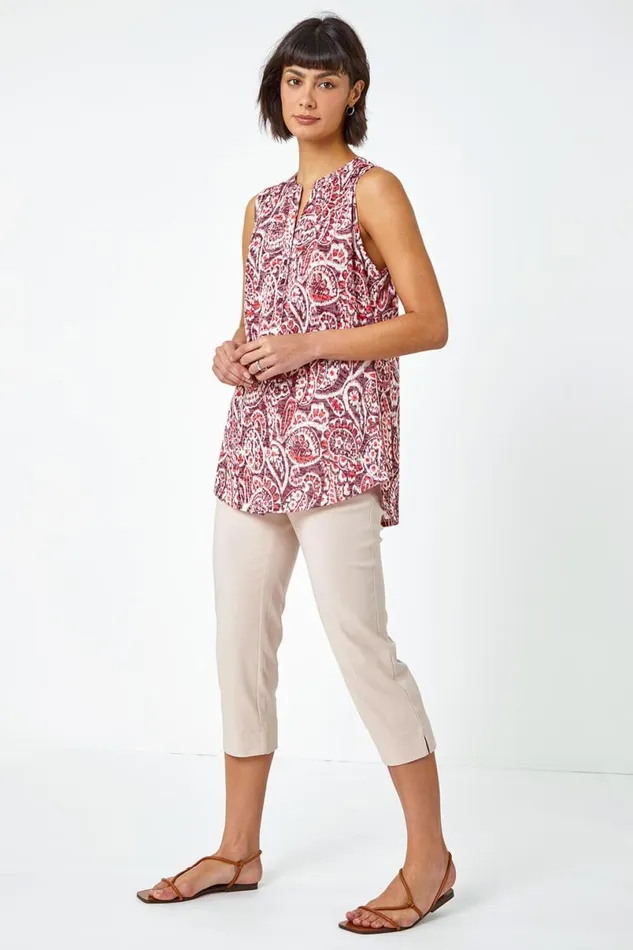 Wine Sleeveless Paisley Print Top Women Roman Tops