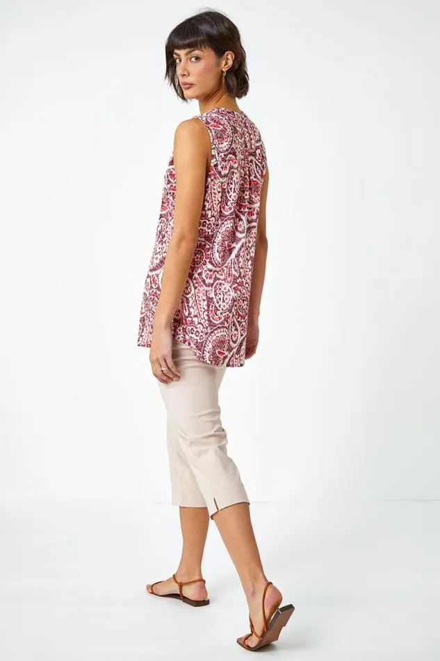 Wine Sleeveless Paisley Print Top Women Roman Tops