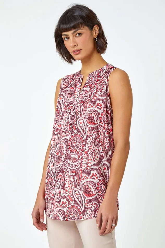 Wine Sleeveless Paisley Print Top Women Roman Tops