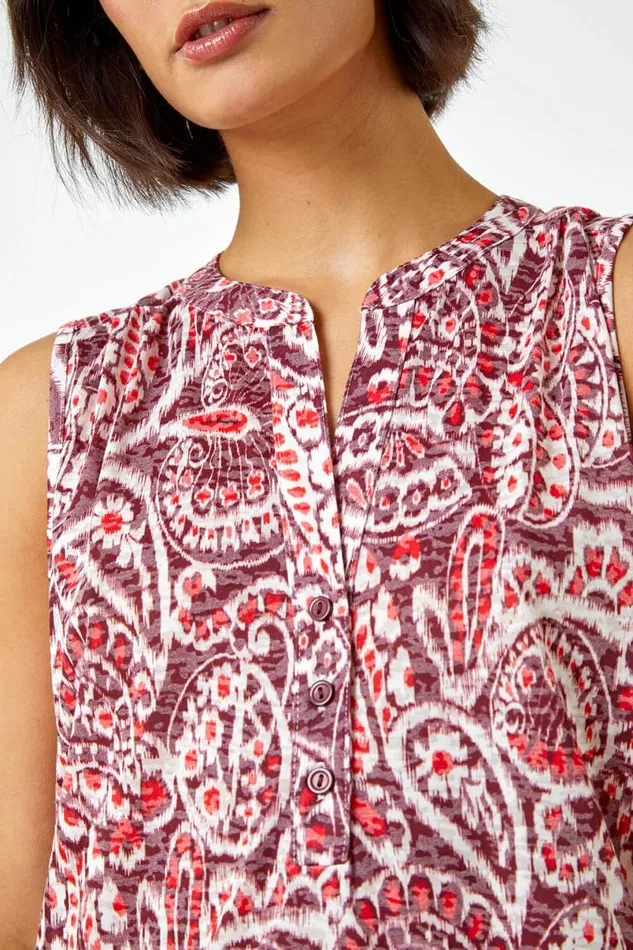 Wine Sleeveless Paisley Print Top Women Roman Tops
