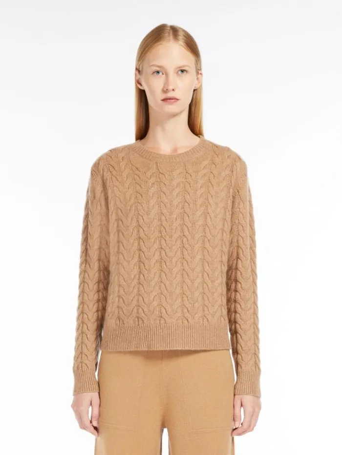 Woman Cable Knit Cashmere Jumper Camel Maxmara Knitwear And Sweatshirts