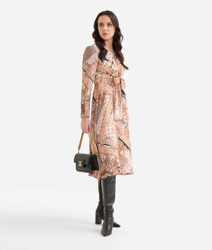 Woman Dresses Alviero Martini Geo Patchwork Foulard Print Twill Dress With Knot Greige