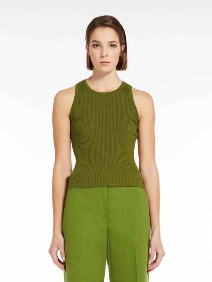 Woman Ribbed Top In Stretch Knit Green Maxmara Knitwear And Sweatshirts