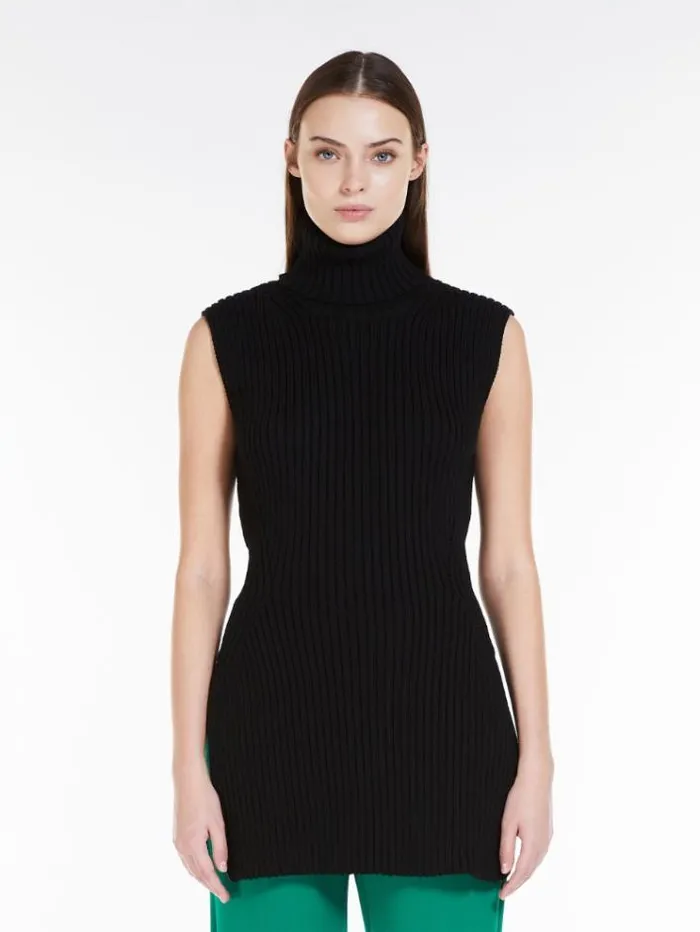 Woman Ribbed Wool Gilet Black Maxmara Knitwear And Sweatshirts