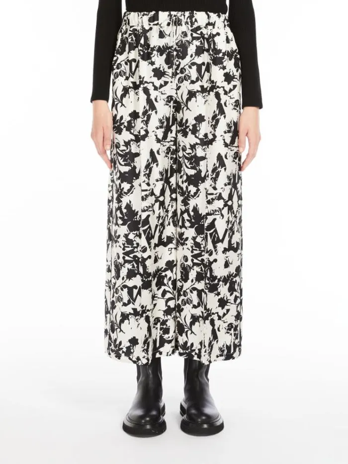 Woman Wide Printed Silk Trousers White Black Maxmara Trousers