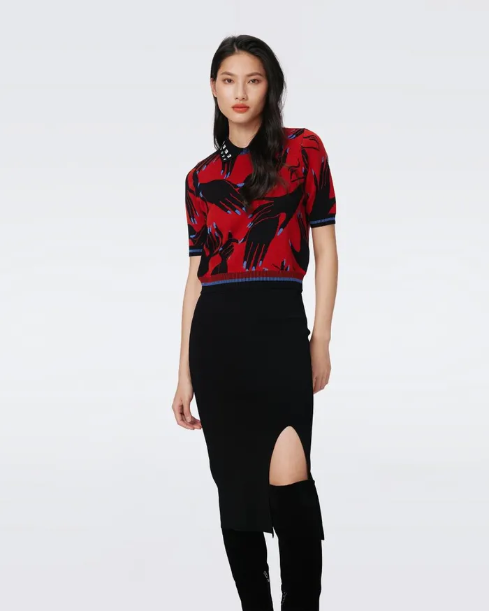 Women Antonella Knit Jacquard Top Huge Stage Hands Red DVF Tops
