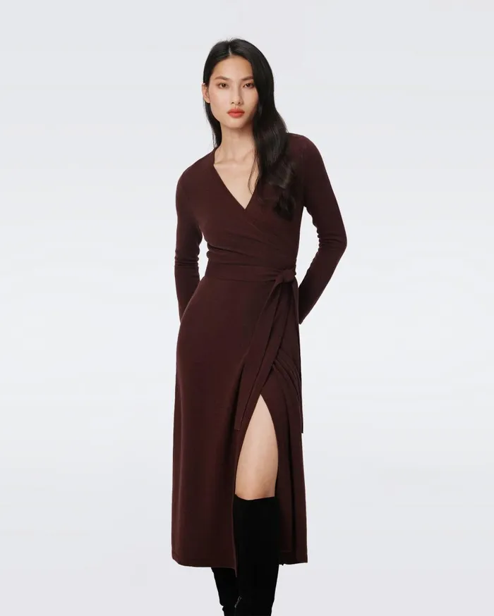 Women Astrid WoolCashmere Wrap Dress Chestnut Brown DVF Dresses
