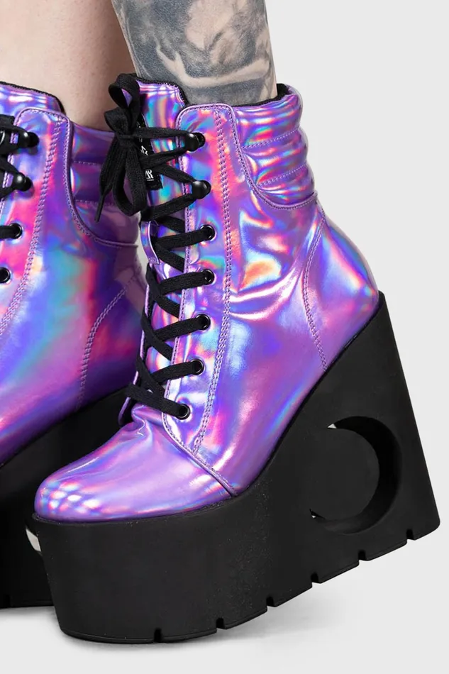 Women Boots Killstar Diana Crescent Wedge Boots PURPLE HOLOGRAPHIC
