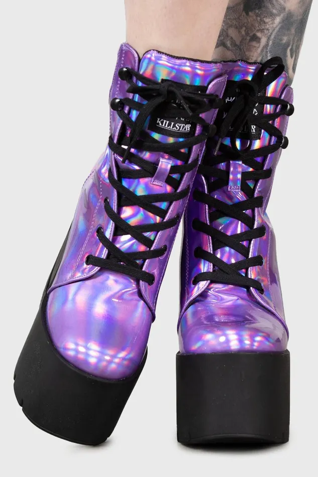 Women Boots Killstar Diana Crescent Wedge Boots PURPLE HOLOGRAPHIC