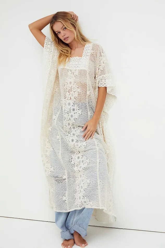 Women Casual Dresses Free People Flowering Fields Lace Kaftan Cream