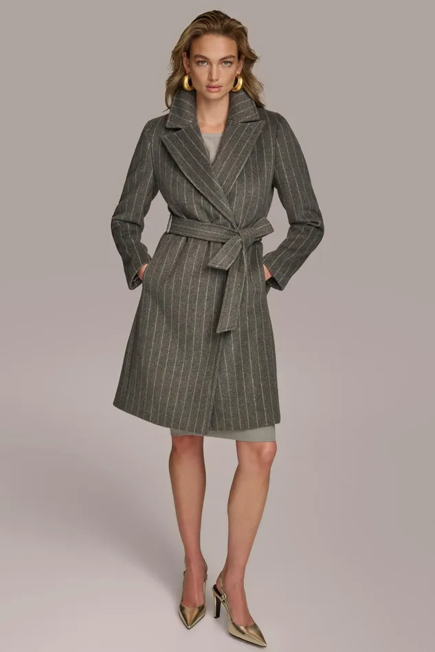 Women Coats And Jackets Donna Karan WOOL LONG WRAP COAT Grey Pinstripe