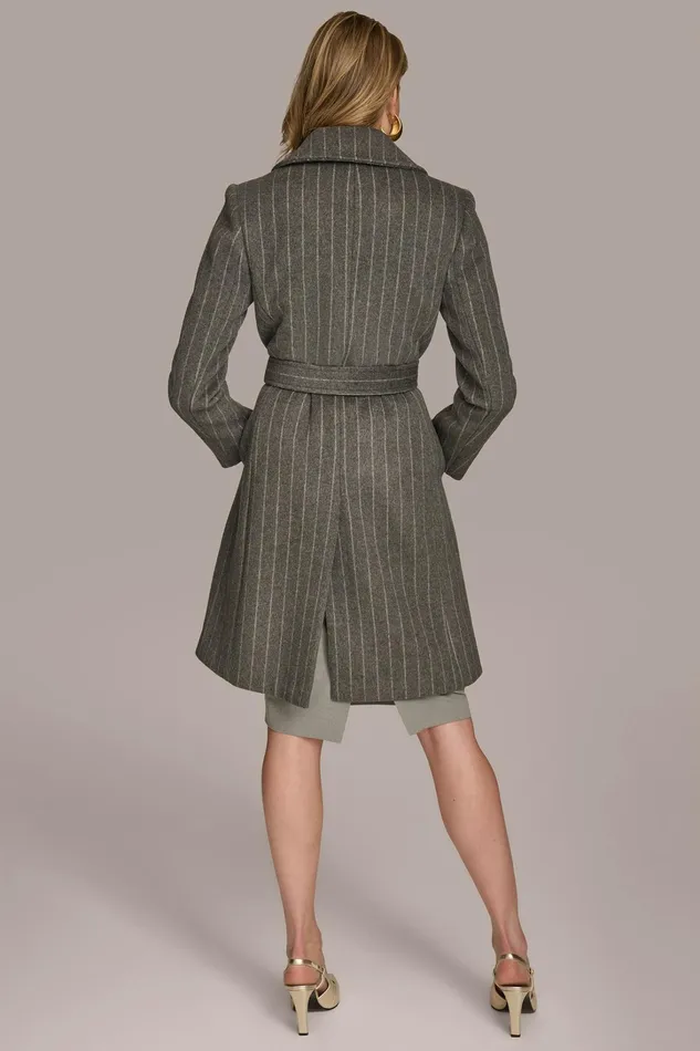 Women Coats And Jackets Donna Karan WOOL LONG WRAP COAT Grey Pinstripe