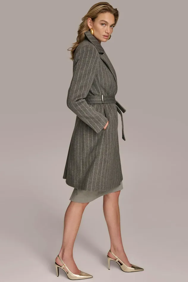 Women Coats And Jackets Donna Karan WOOL LONG WRAP COAT Grey Pinstripe