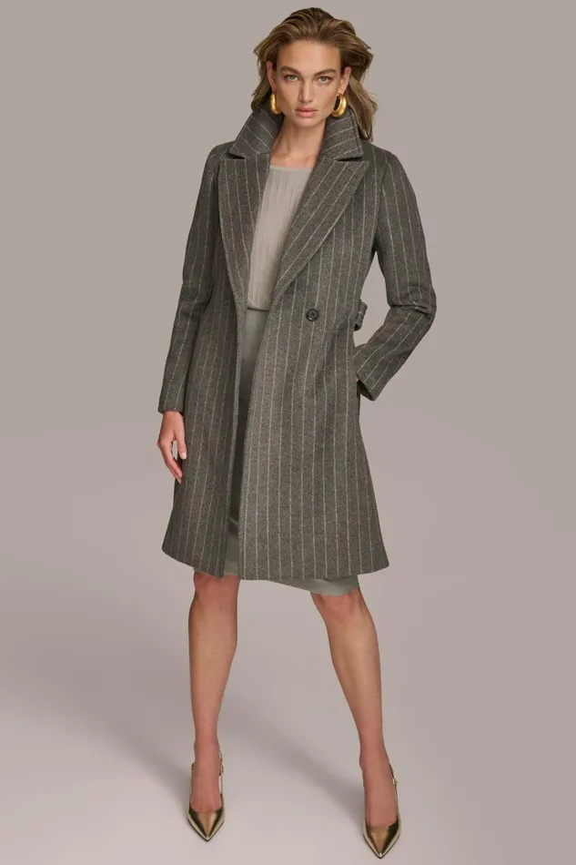 Women Coats And Jackets Donna Karan WOOL LONG WRAP COAT Grey Pinstripe