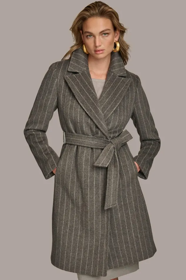 Women Coats And Jackets Donna Karan WOOL LONG WRAP COAT Grey Pinstripe