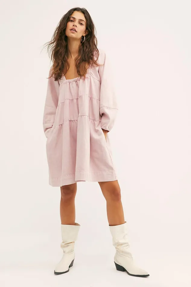 Women Denim Dresses Free People Lou Jean Babydoll Dress Pink Acid Wash
