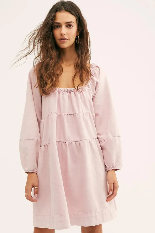 Women Denim Dresses Free People Lou Jean Babydoll Dress Pink Acid Wash