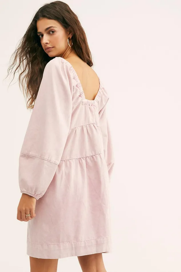 Women Denim Dresses Free People Lou Jean Babydoll Dress Pink Acid Wash