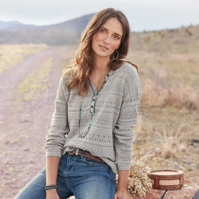 Women Devon Sweater Henley Petite Heather Gray Sundance Catalog Sweaters