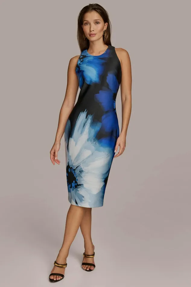 Women Dresses And Jumpsuits Donna Karan ABSTRACT SCUBA MIDI SHEATH DRESS Blackcosmos Multi