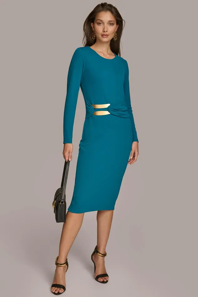 Women Dresses And Jumpsuits Donna Karan FITTED MIDI DRESS WITH BRUSHED HARDWARE DETAIL Empire Teal Women Dresses And Jumpsuits Donna Karan FITTED MIDI DRESS WITH BRUSHED HARDWARE DETAIL Empire Teal