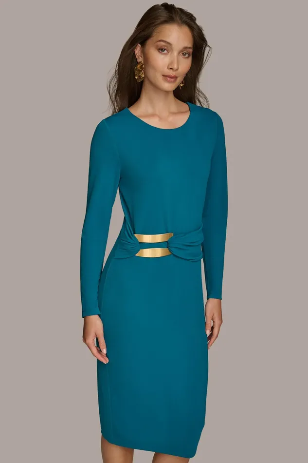 Women Dresses And Jumpsuits Donna Karan FITTED MIDI DRESS WITH BRUSHED HARDWARE DETAIL Empire Teal