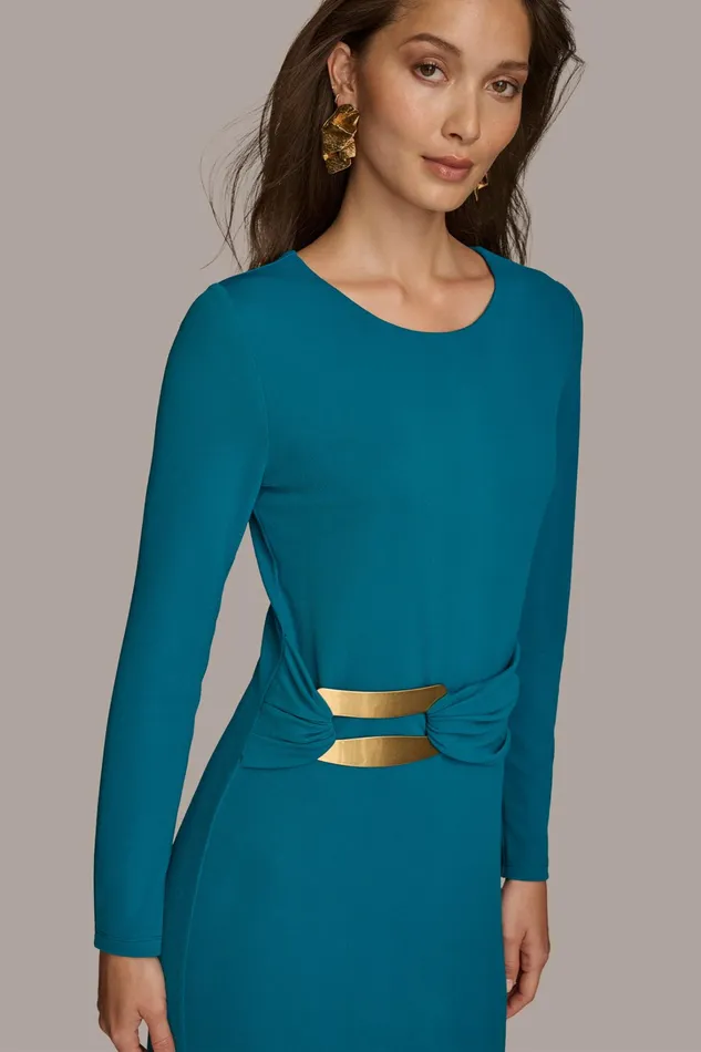 Women Dresses And Jumpsuits Donna Karan FITTED MIDI DRESS WITH BRUSHED HARDWARE DETAIL Empire Teal