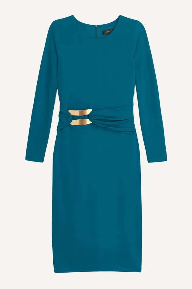 Women Dresses And Jumpsuits Donna Karan FITTED MIDI DRESS WITH BRUSHED HARDWARE DETAIL Empire Teal