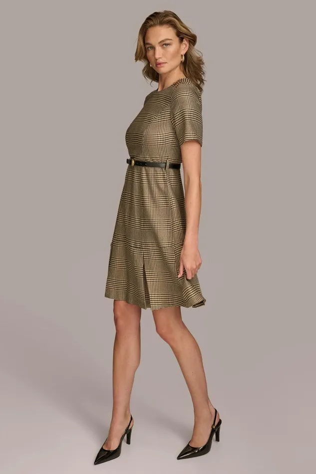 Women Dresses And Jumpsuits Donna Karan PLEATED PLAID DRESS WITH BELT Blackfawngold