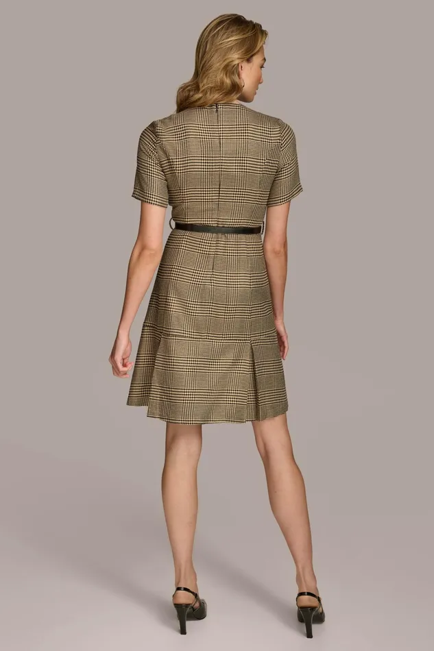 Women Dresses And Jumpsuits Donna Karan PLEATED PLAID DRESS WITH BELT Blackfawngold