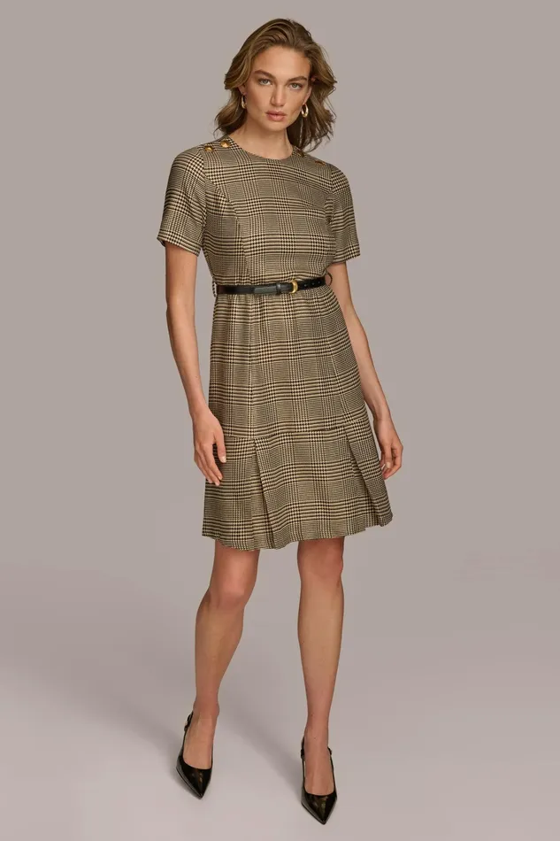 Women Dresses And Jumpsuits Donna Karan PLEATED PLAID DRESS WITH BELT Blackfawngold