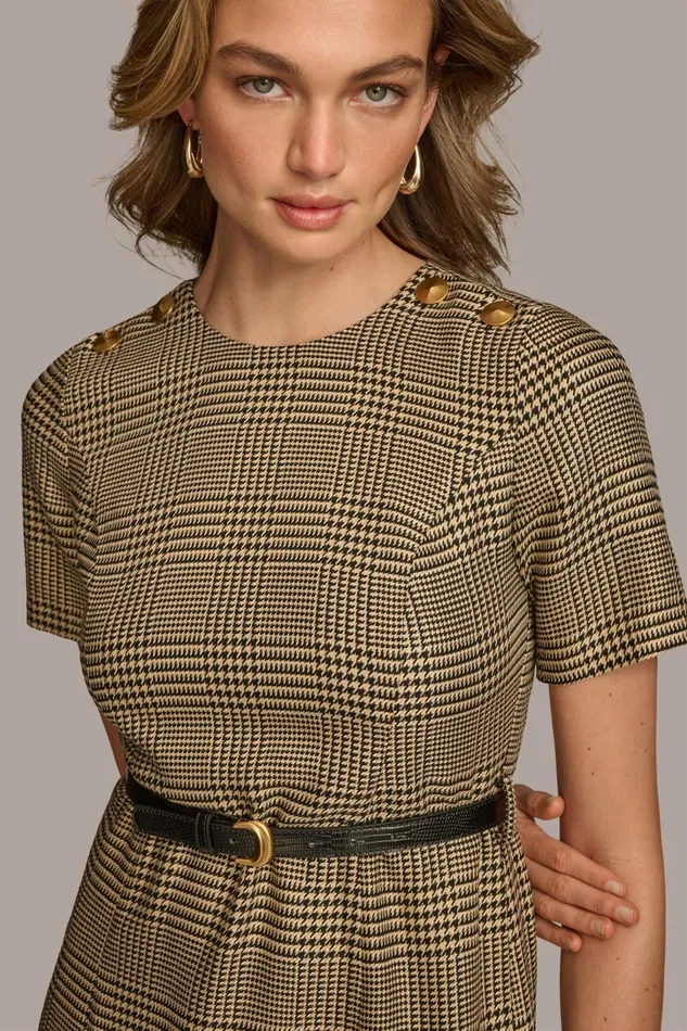 Women Dresses And Jumpsuits Donna Karan PLEATED PLAID DRESS WITH BELT Blackfawngold