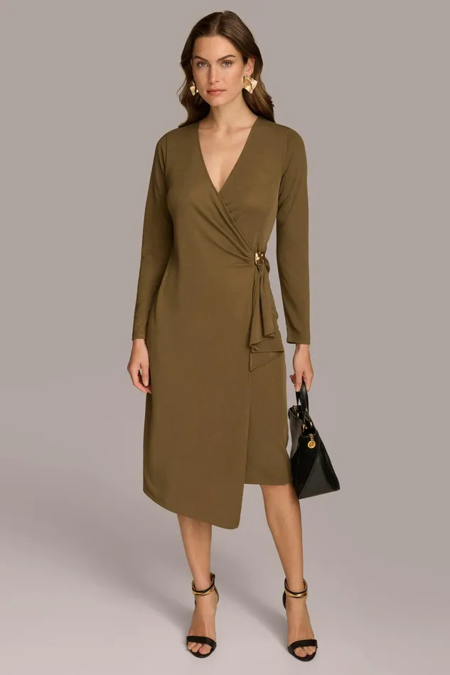 Women Dresses And Jumpsuits Donna Karan V NECK WRAP DRESS WITH HARDWARE Brown