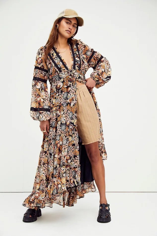 Women Dresses Free People Cassis Printed Chiffon Dress Onyx Combo