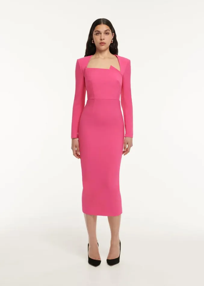 Women Dresses Roland Mouret Long Sleeve Pleat Detail Crepe Midi Dress