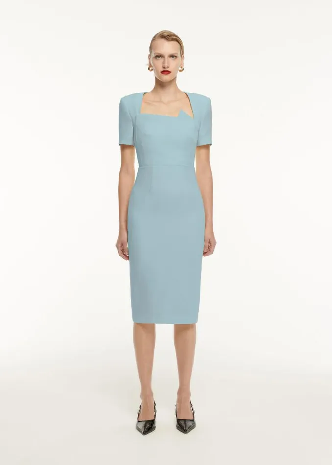 Women Dresses Roland Mouret Short Sleeve Pleat Detail Wool Silk Midi Dress