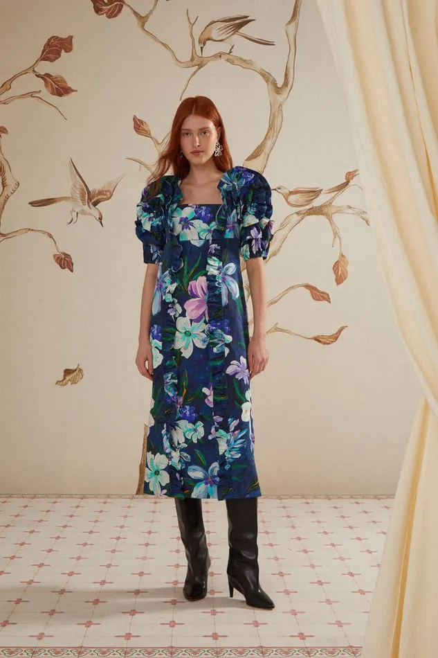 Women Floraline Ruffle Short Sleeve Midi Dress Floraline Blue FARM Rio Midi Dresses