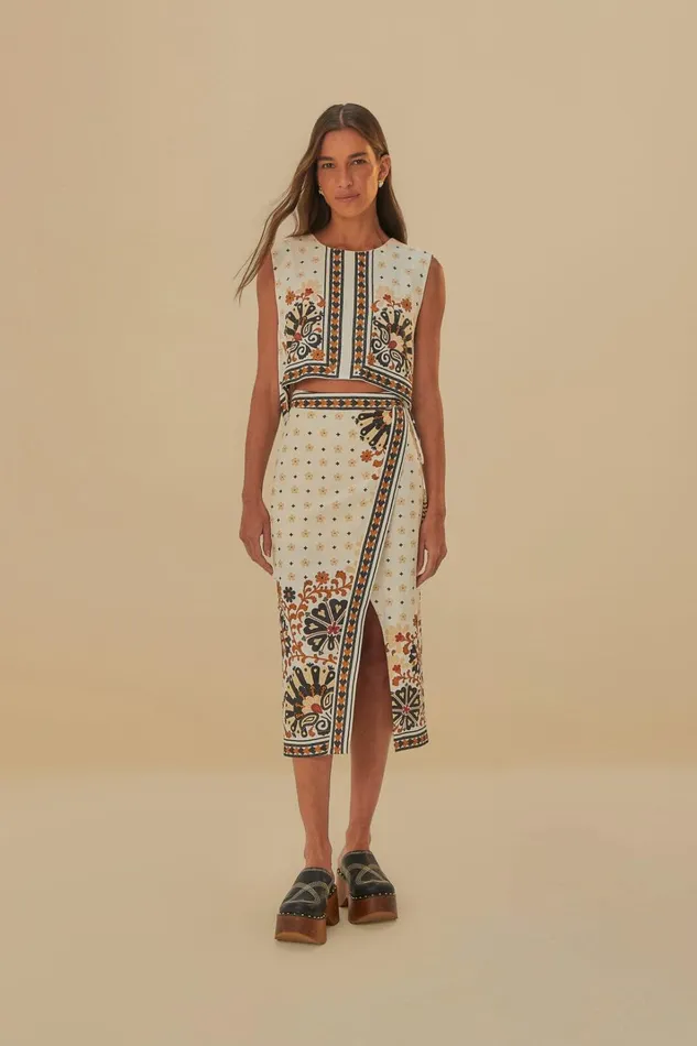 Women Flower Fan Tapestry OffWhite Wrap Midi Skirt Flower Fan Tapestry Offwhite FARM Rio Skirts