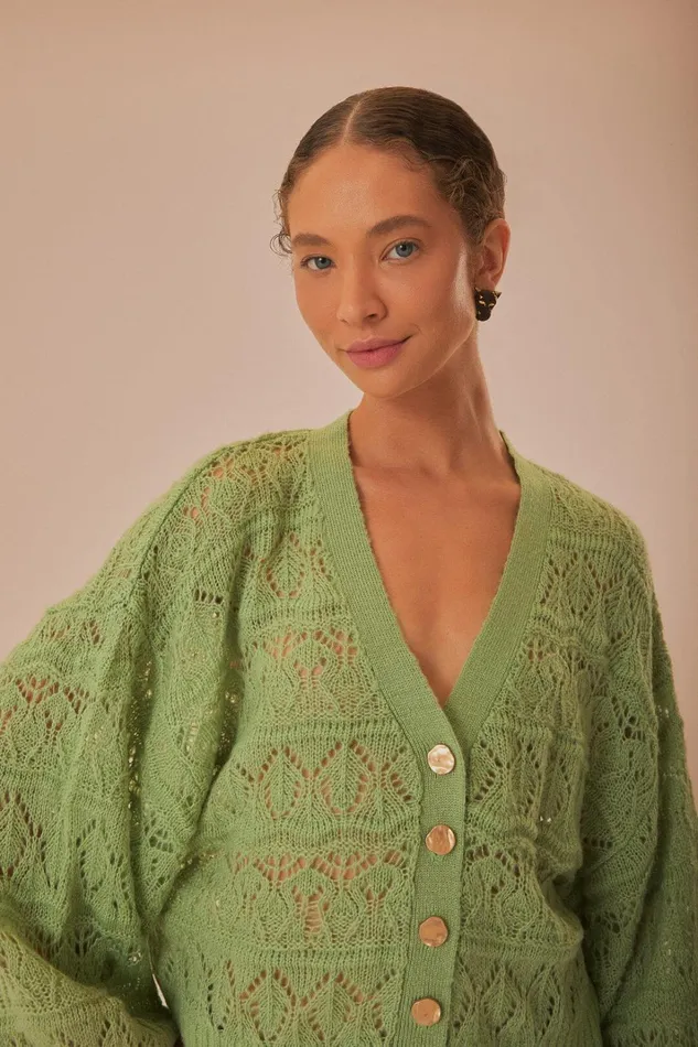 Women Green Textured Knit Cardigan Light Green FARM Rio Cardigans