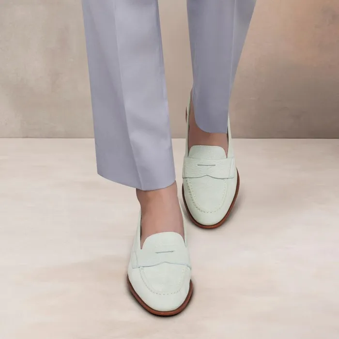 Women Light Blue Nubuck Penny Loafer Santoni Loafers
