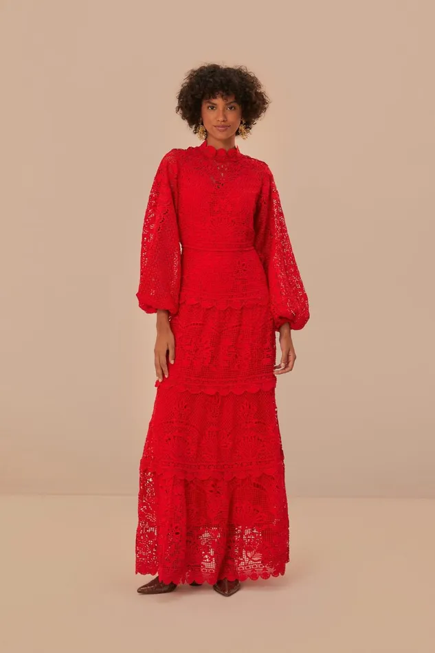 Women Red Guipire Long Sleeve Maxi Dress Red FARM Rio Maxi Dresses