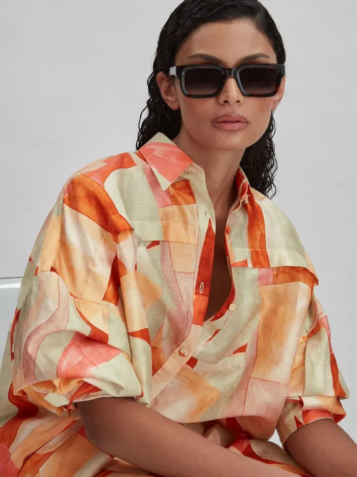 Women Reiss Blouses and Shirts Geometric Print Relaxed Fit Shirt Orange Multi Women Reiss Blouses and Shirts Geometric Print Relaxed Fit Shirt Orange Multi