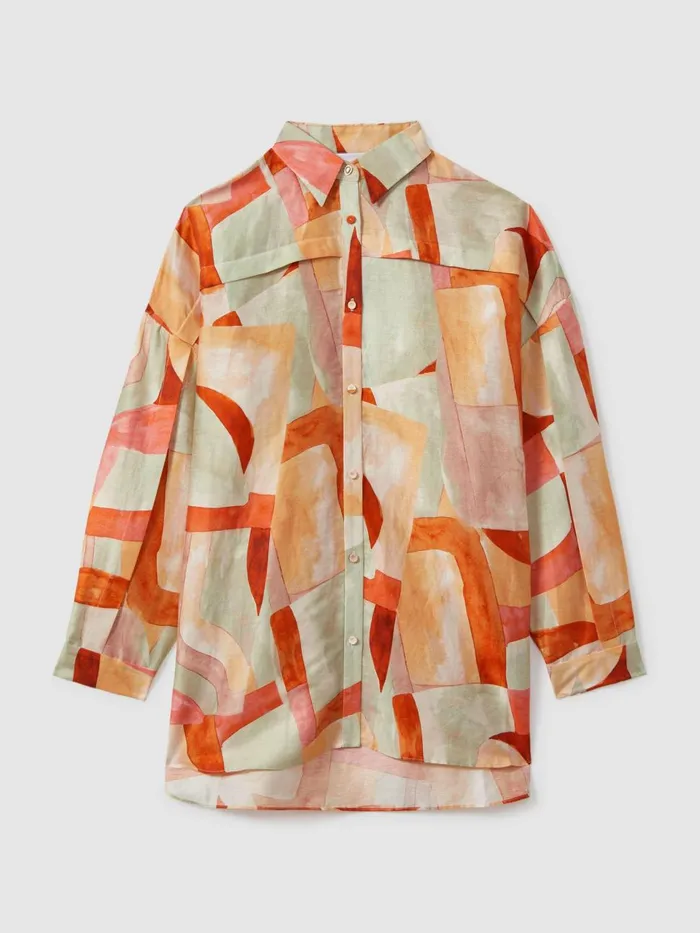 Women Reiss Blouses and Shirts Geometric Print Relaxed Fit Shirt Orange Multi