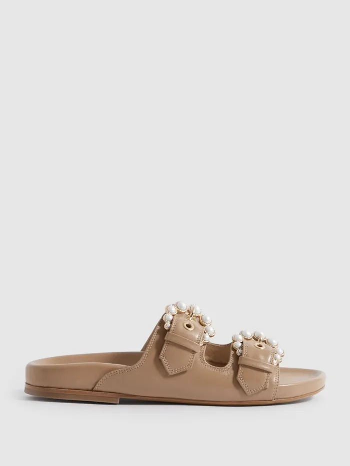 Women Reiss Brands Elphick Leather Pearl Strap Sandals Tan