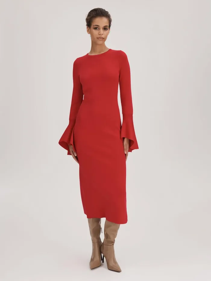 Women Reiss Brands Fitted Fluted Cuff Midi Dress Deep Coral
