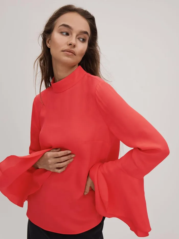 Women Reiss Brands Fluted Cuff Blouse Deep Coral