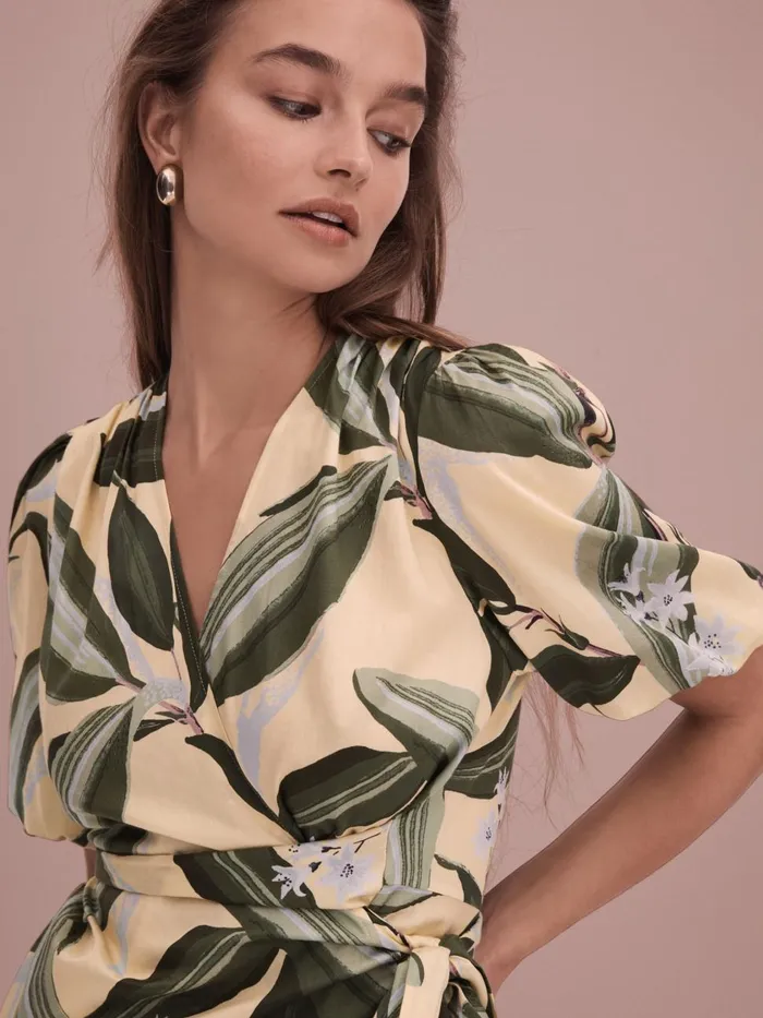 Women Reiss Brands Printed Wrap Blouse Pale Yellow