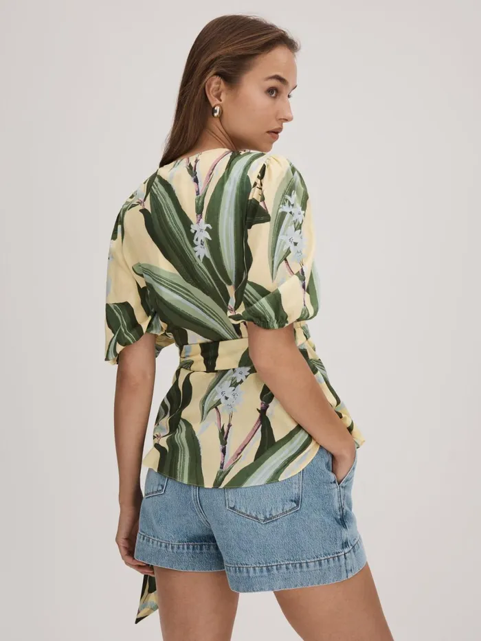 Women Reiss Brands Printed Wrap Blouse Pale Yellow