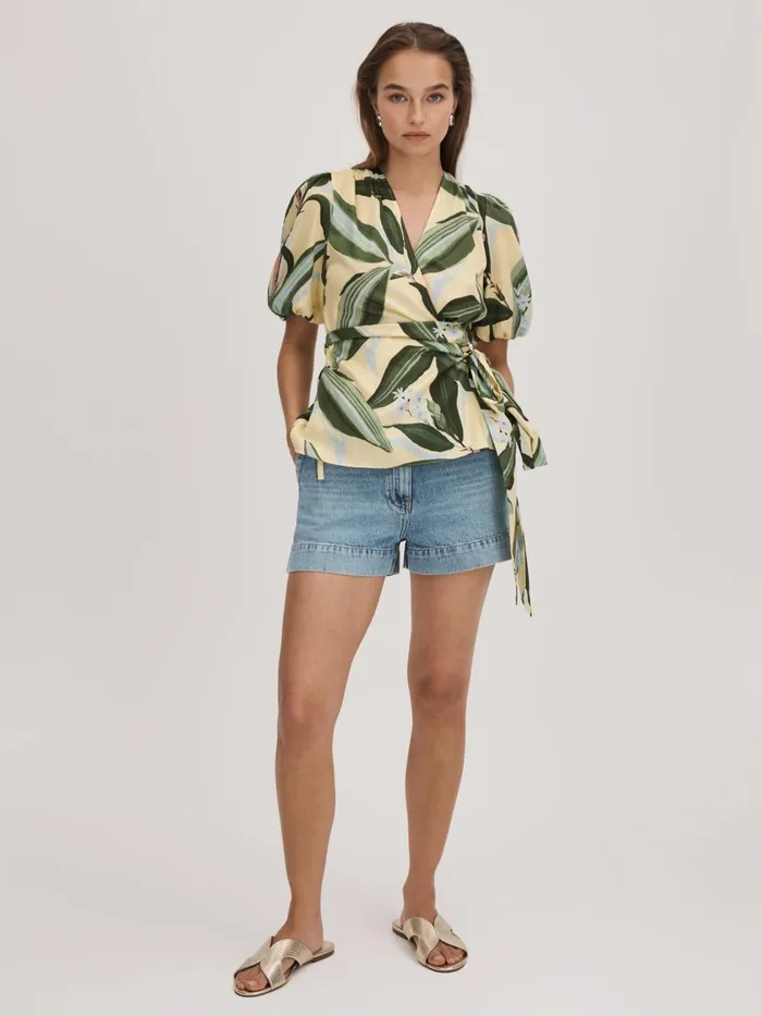 Women Reiss Brands Printed Wrap Blouse Pale Yellow