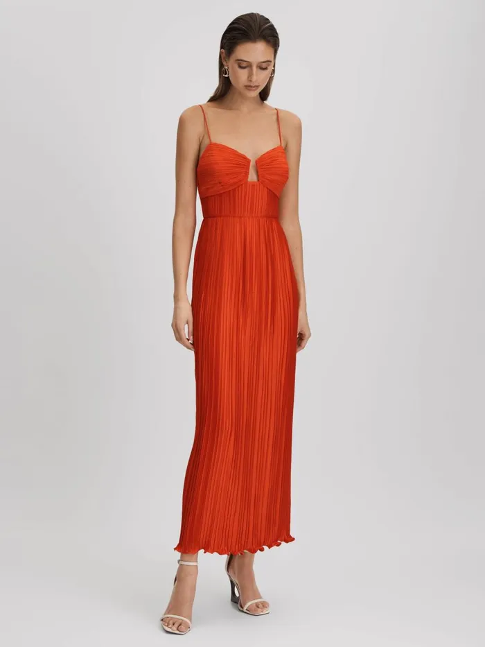 Women Reiss Brands Ruffle Hem Pleated Midi Dress Crimson Red